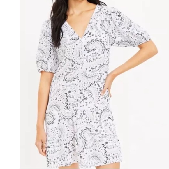 LOFT Paisley Puff short Sleeves Button swing dress Sz L - Picture 1 of 7